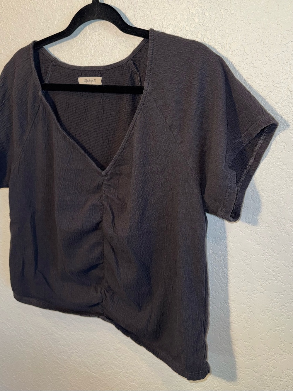 Madewell Gray Cotton V-Neck Ruched Scrunched Boxy Crop Top Casual Size M